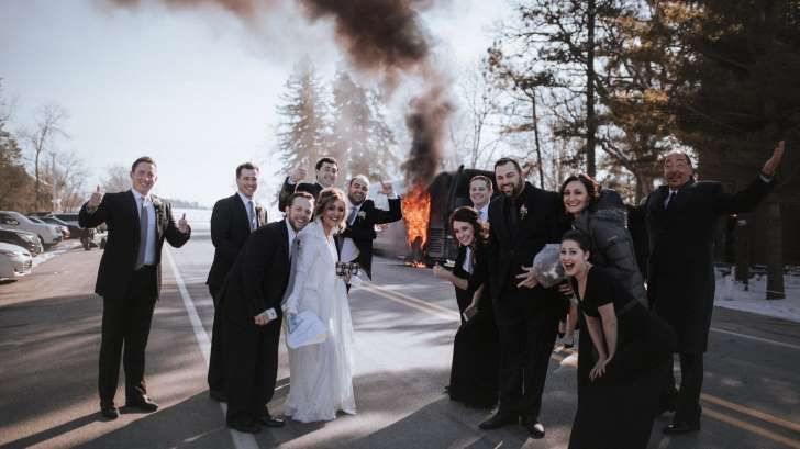 Bridal party bus explodes, making for memorable wedding day photos