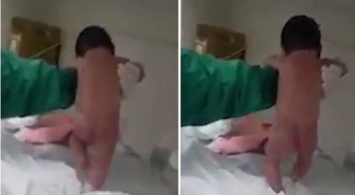 Новорожденный ребенок встал на ноги и пошел сразу после появления на свет