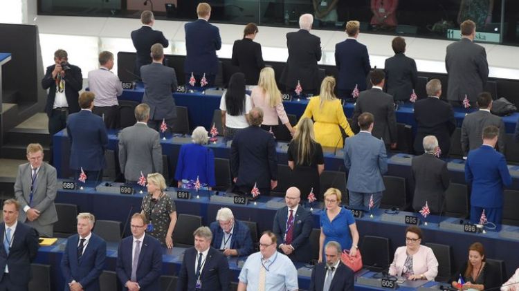 Brexit Party MEPs turn their backs on EU anthem