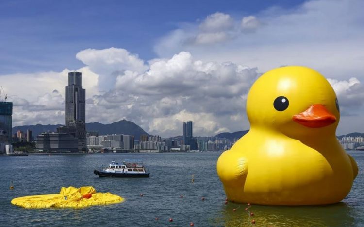 Одна из 18-метровых уток в гавани Гонконга сдулась в день открытия инсталляции